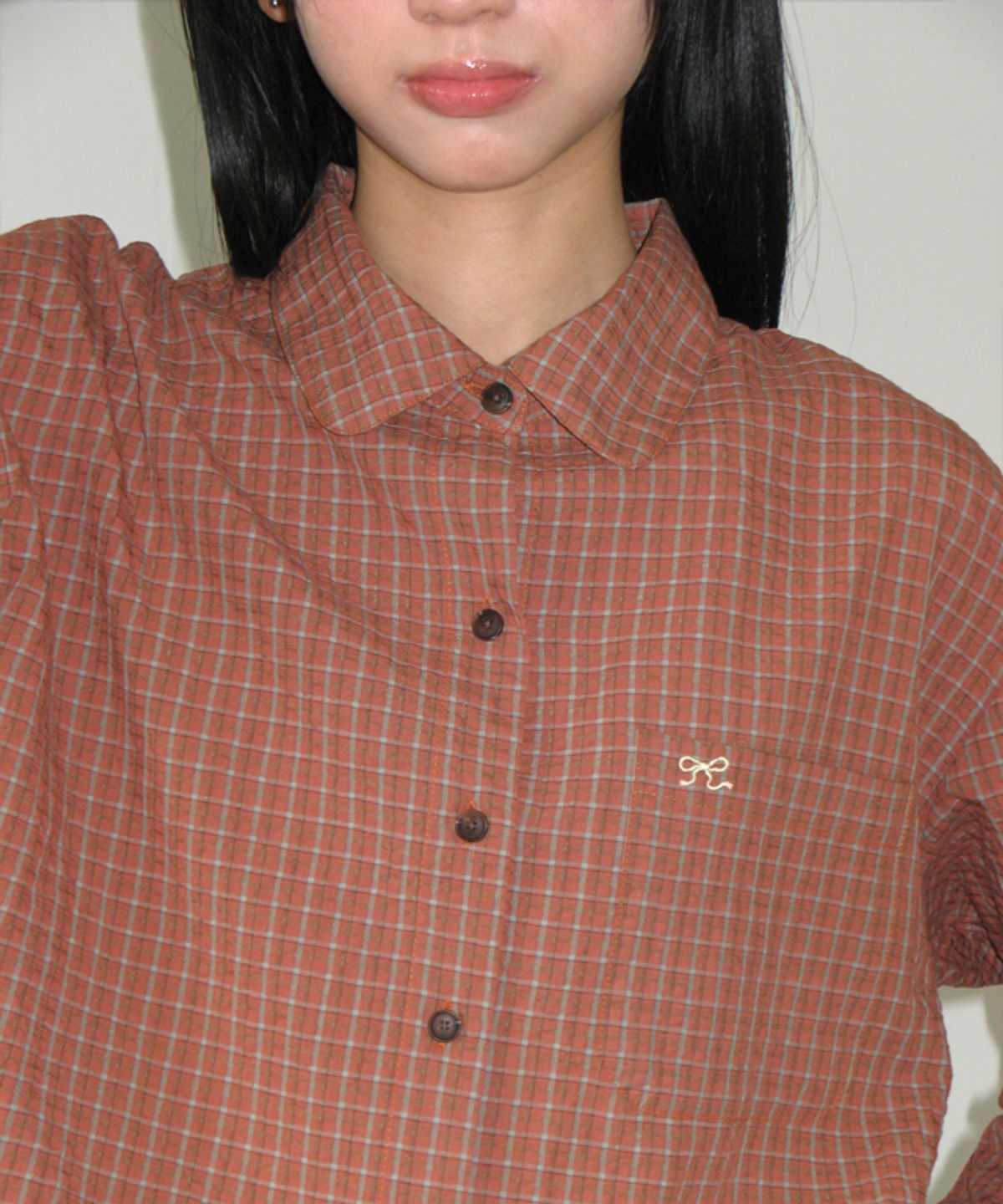 론론(RONRON) ROUND COLLAR POCKET SHIRT BROWN CEHCK