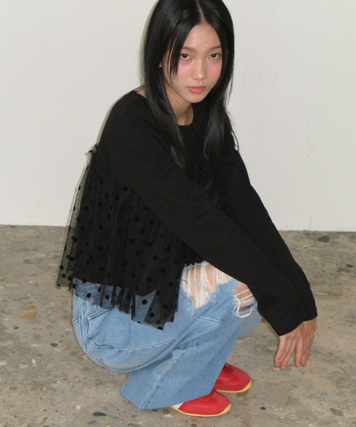 론론(RONRON) SHEER LAYERED LONG SLEEVE DOT BLACK