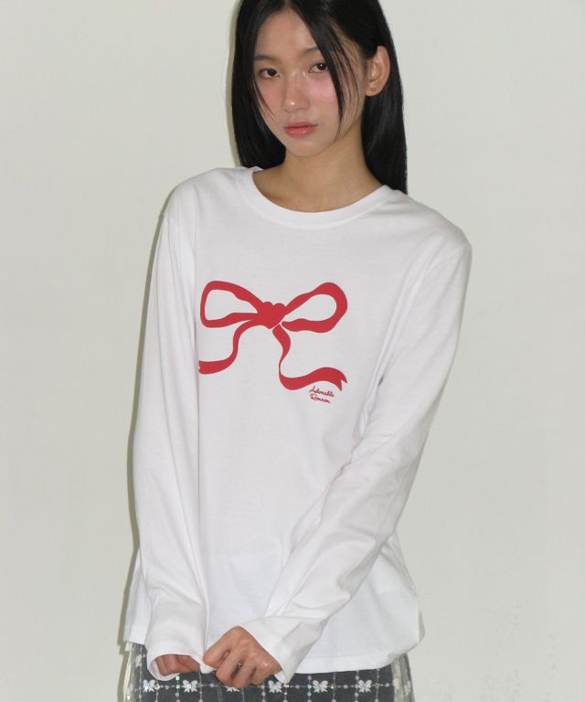 MUSINSA | RONRON EMBO HEART RIBBON BASIC FIT LONG SLEEVE WHITE