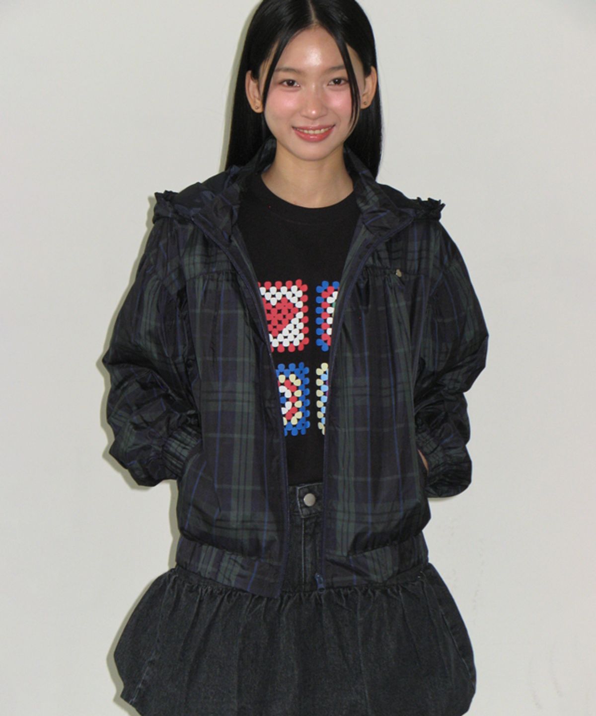 론론(RONRON) PENDANT FRILL HOODIE WIND JUMPER NAVY CHECK
