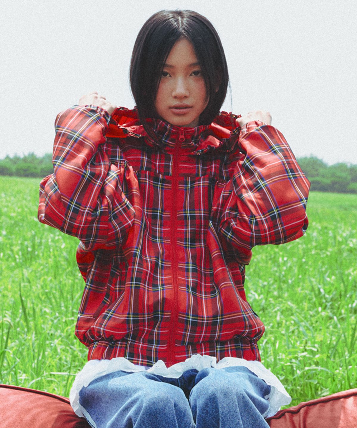 론론(RONRON) PENDANT FRILL HOODIE WIND JUMPER RED CHECK