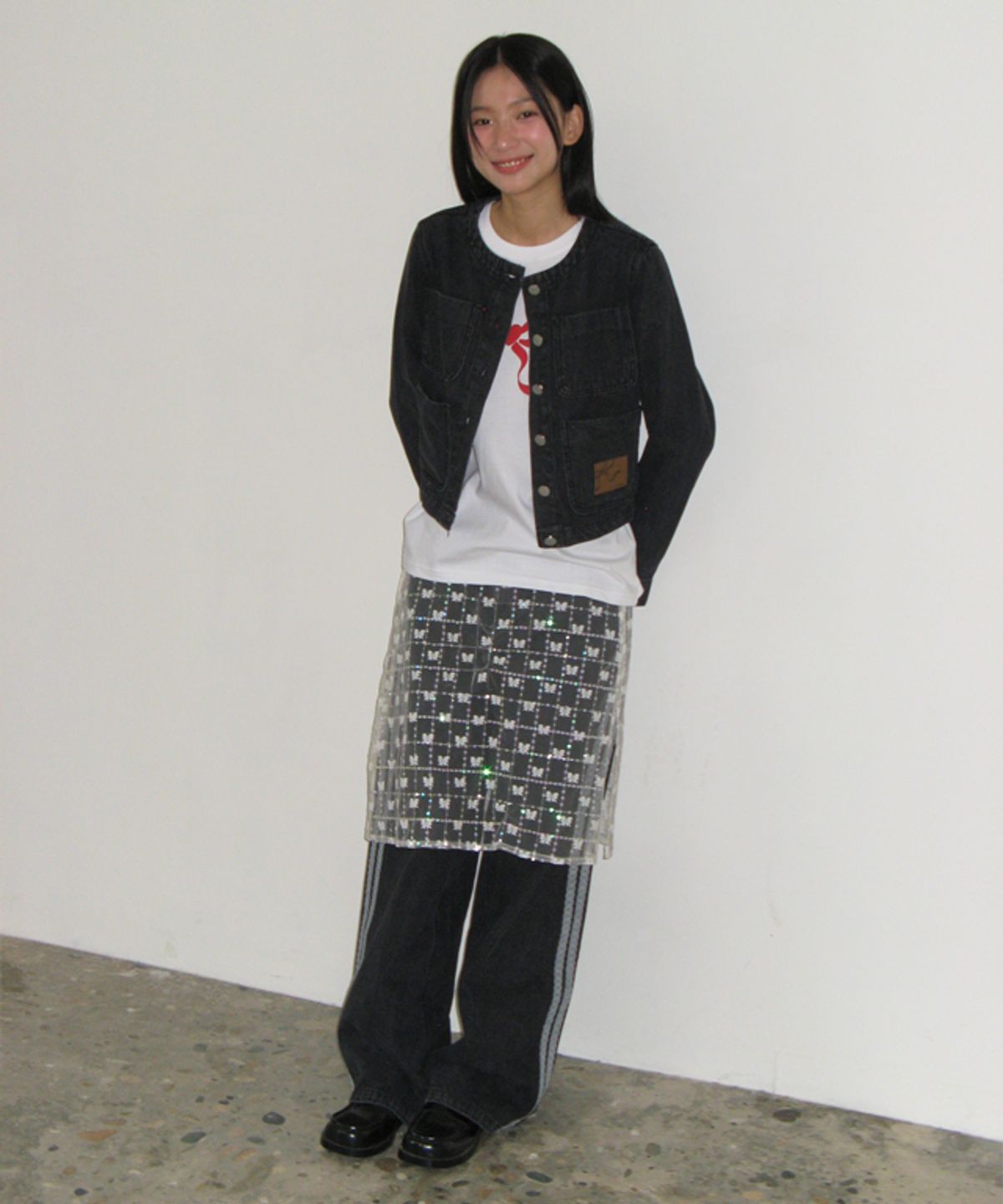론론(RONRON) NON COLLAR POCKET DENIM JACKET BLACK
