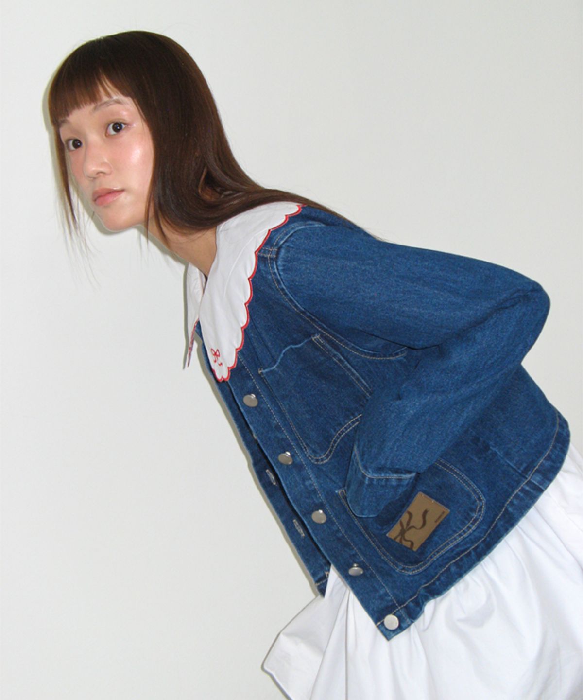 론론(RONRON) NON COLLAR POCKET DENIM JACKET DARK BLUE