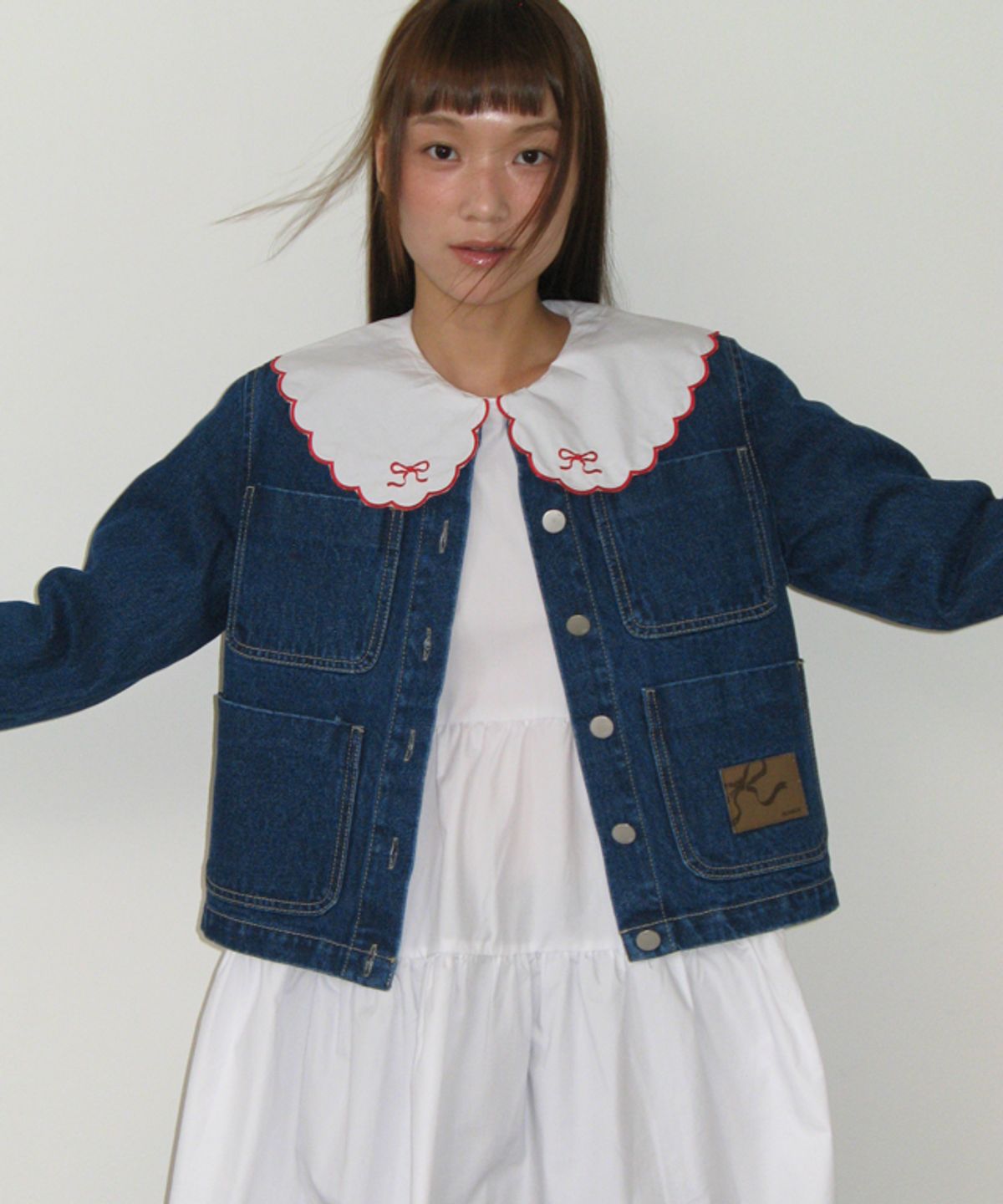 론론(RONRON) NON COLLAR POCKET DENIM JACKET DARK BLUE
