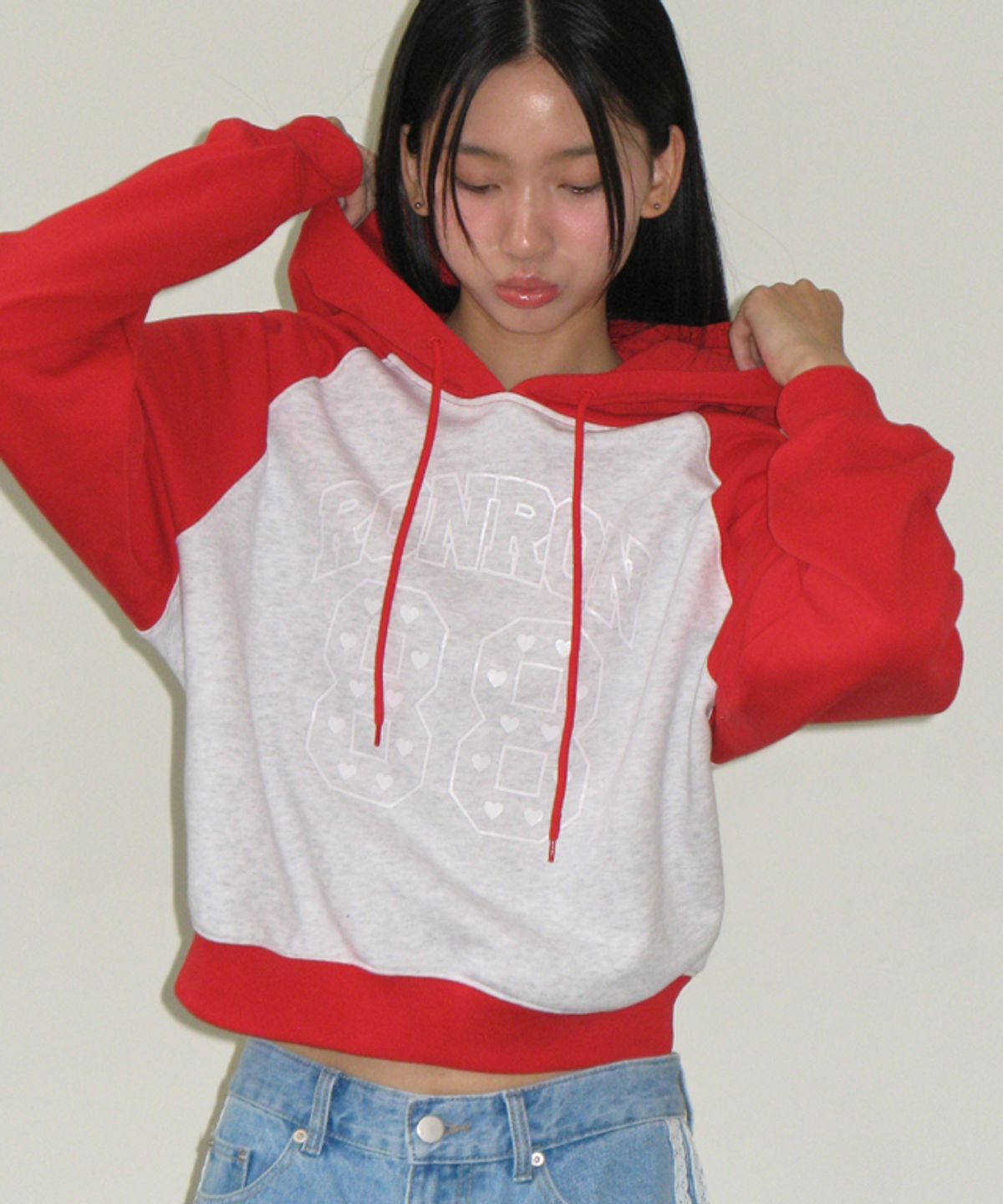 론론(RONRON) BLOCKING HEART 88 HOODIE MELANGE RED