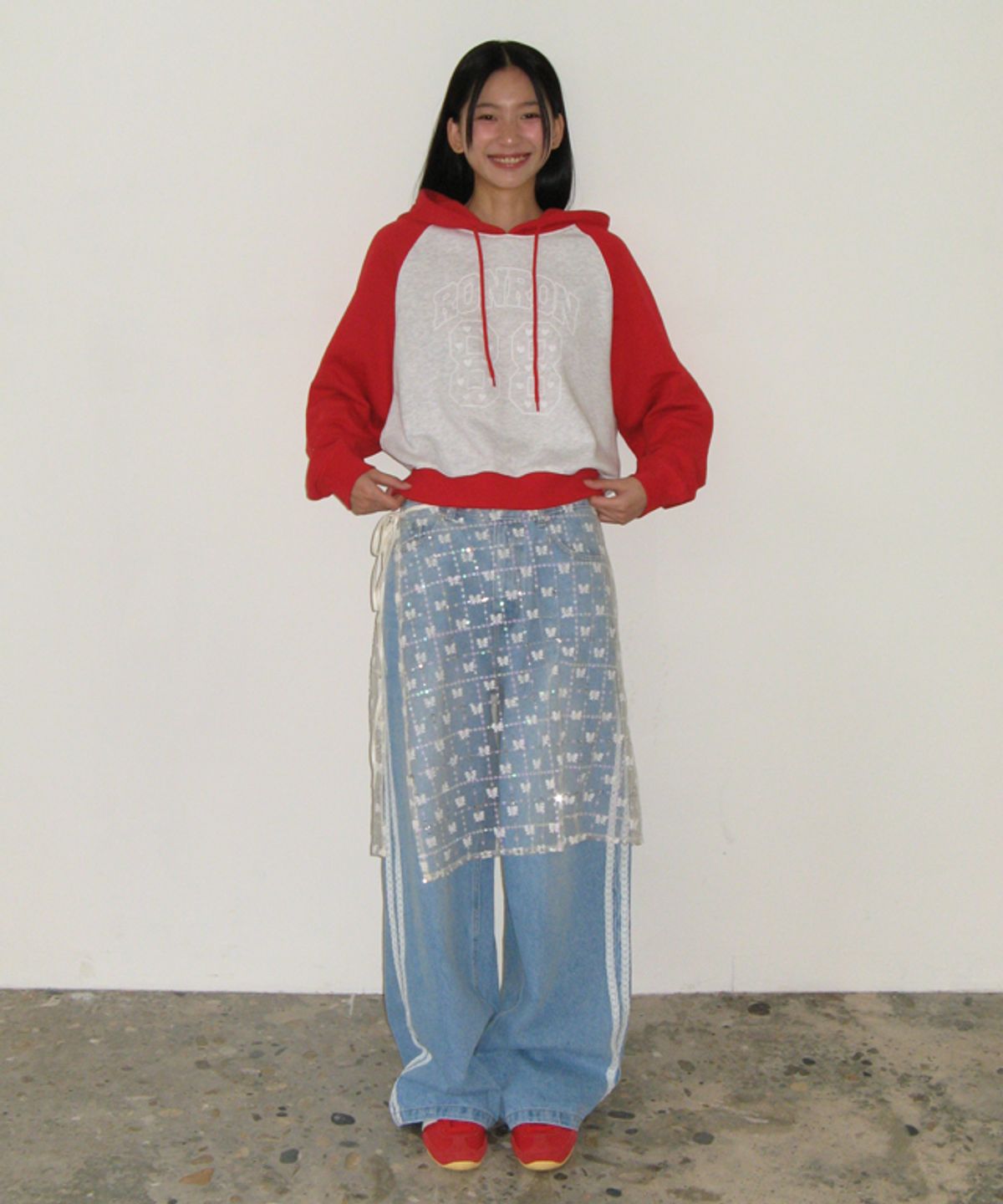 론론(RONRON) BLOCKING HEART 88 HOODIE MELANGE RED
