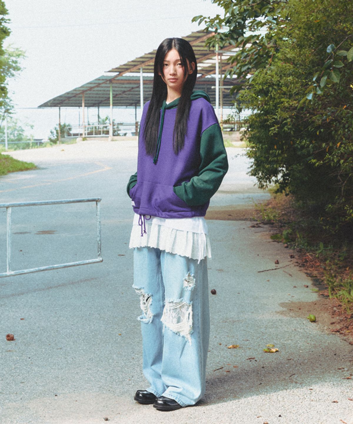 론론(RONRON) BLOCKING HOODIE DEEP GREEN PURPLE