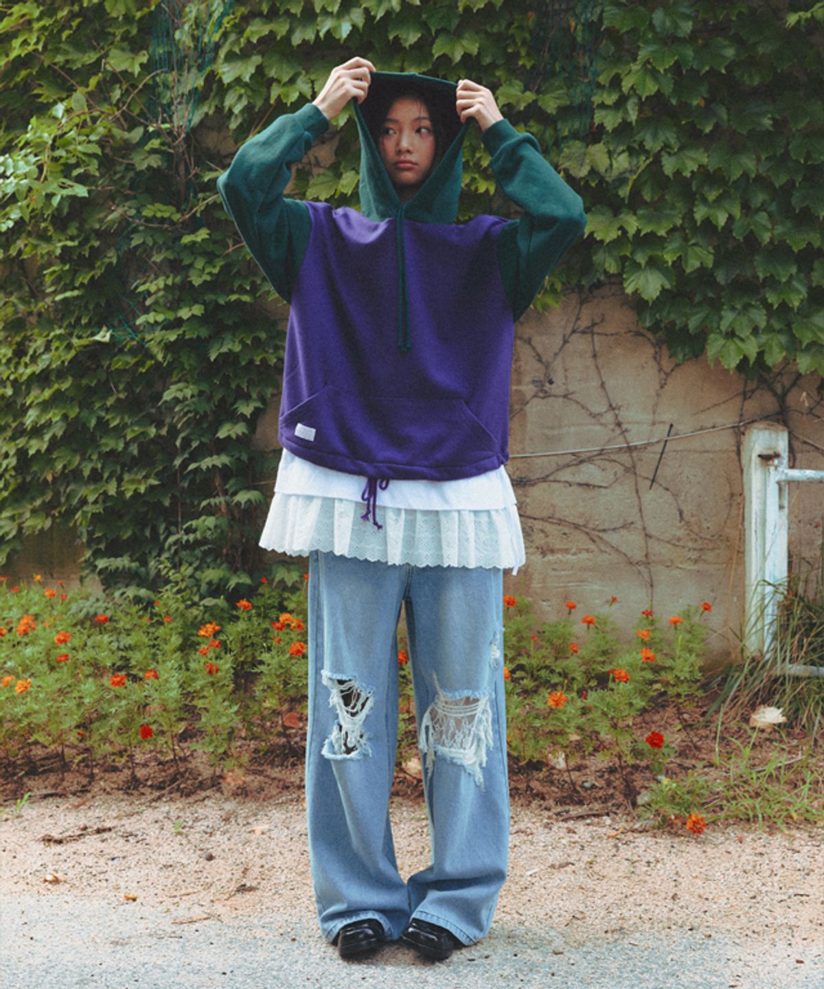 론론(RONRON) BLOCKING HOODIE DEEP GREEN PURPLE