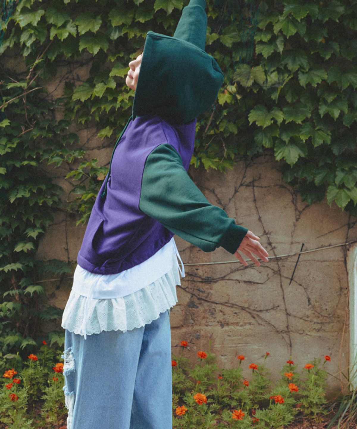 론론(RONRON) BLOCKING HOODIE DEEP GREEN PURPLE