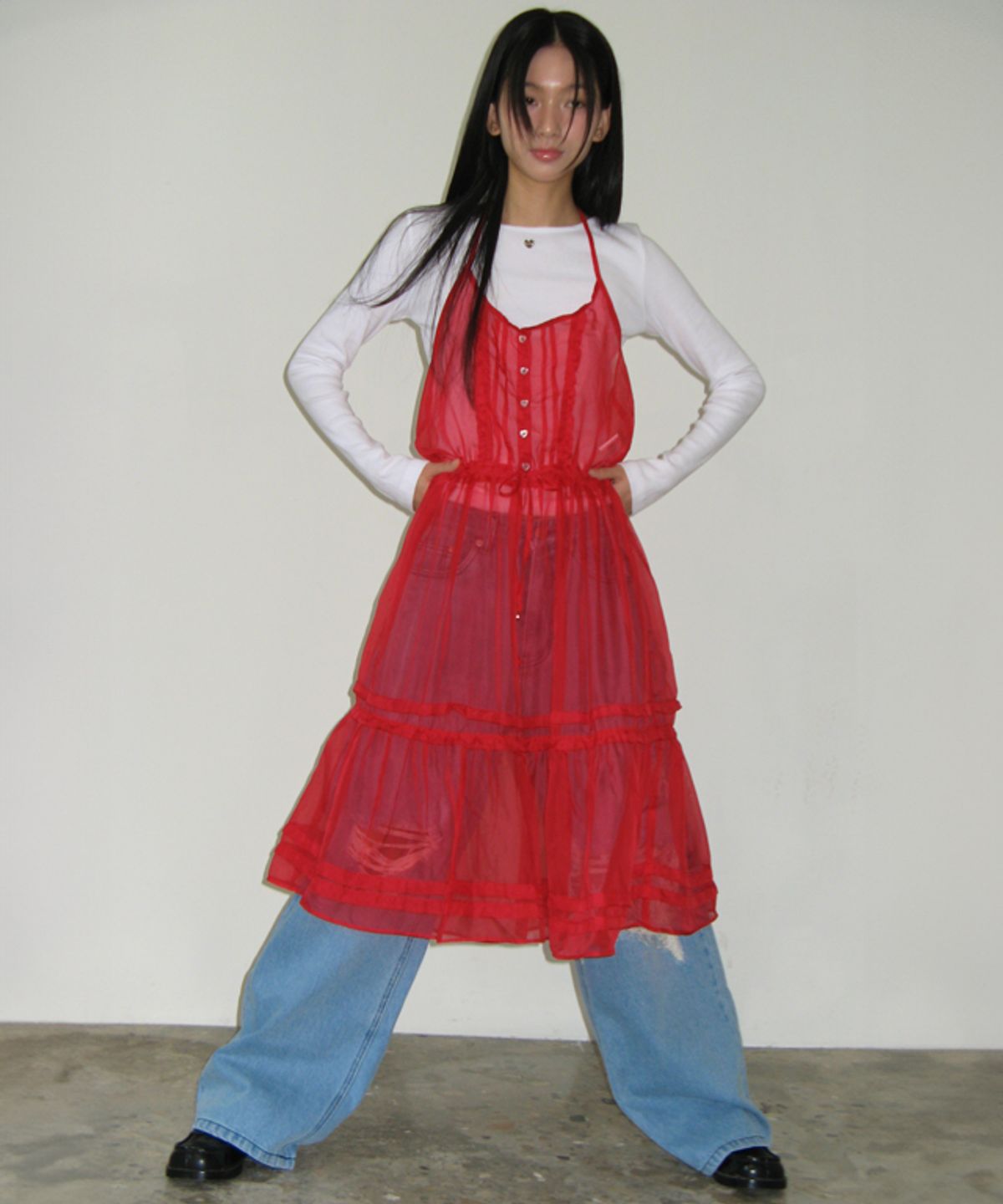 론론(RONRON) HEART BUTTON SHEER LAYERED DRESS RED