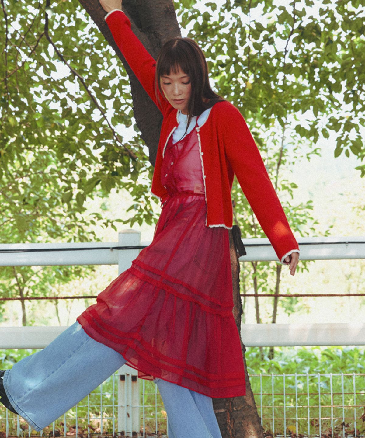 론론(RONRON) HEART BUTTON SHEER LAYERED DRESS RED