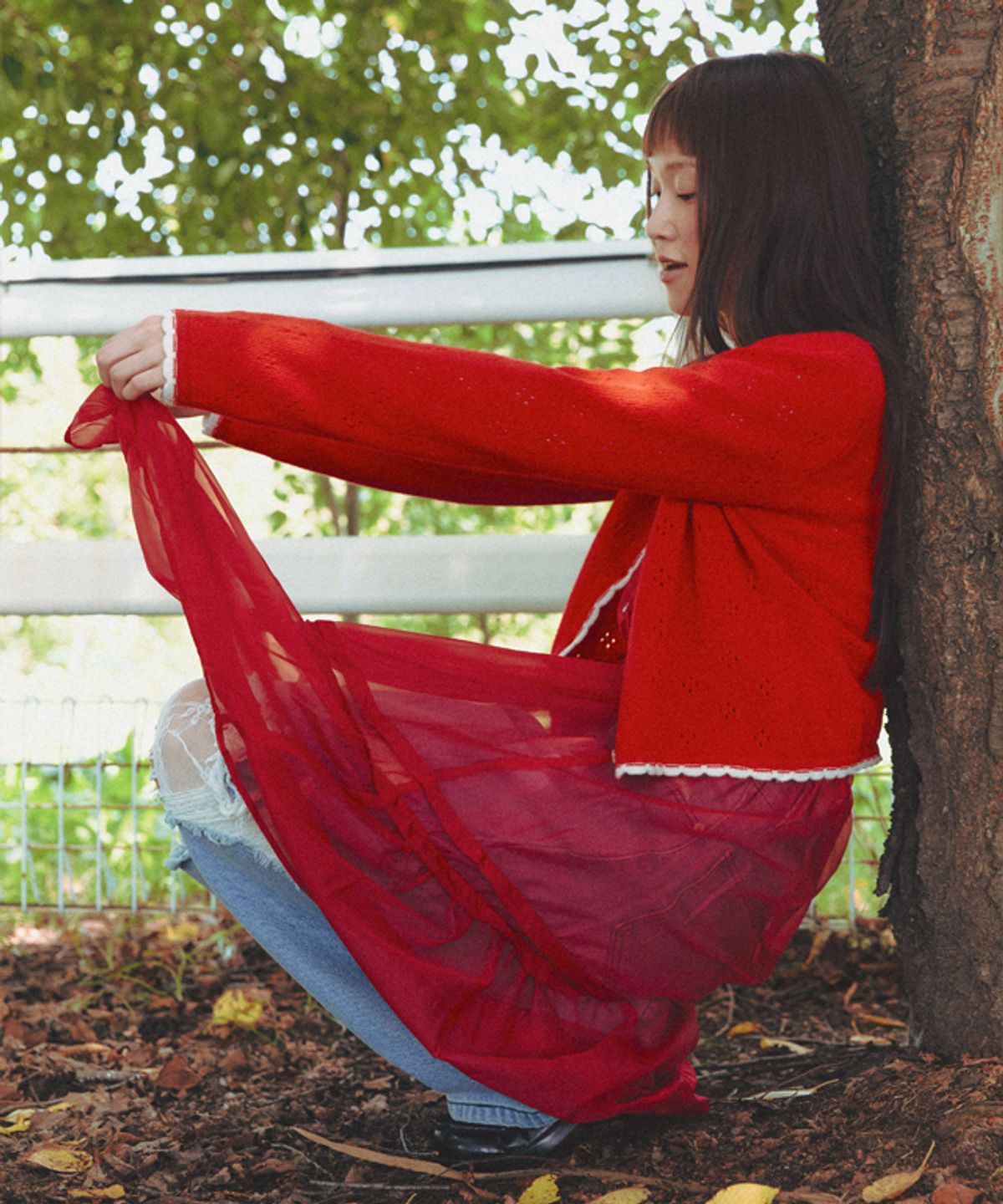 론론(RONRON) HEART BUTTON SHEER LAYERED DRESS RED