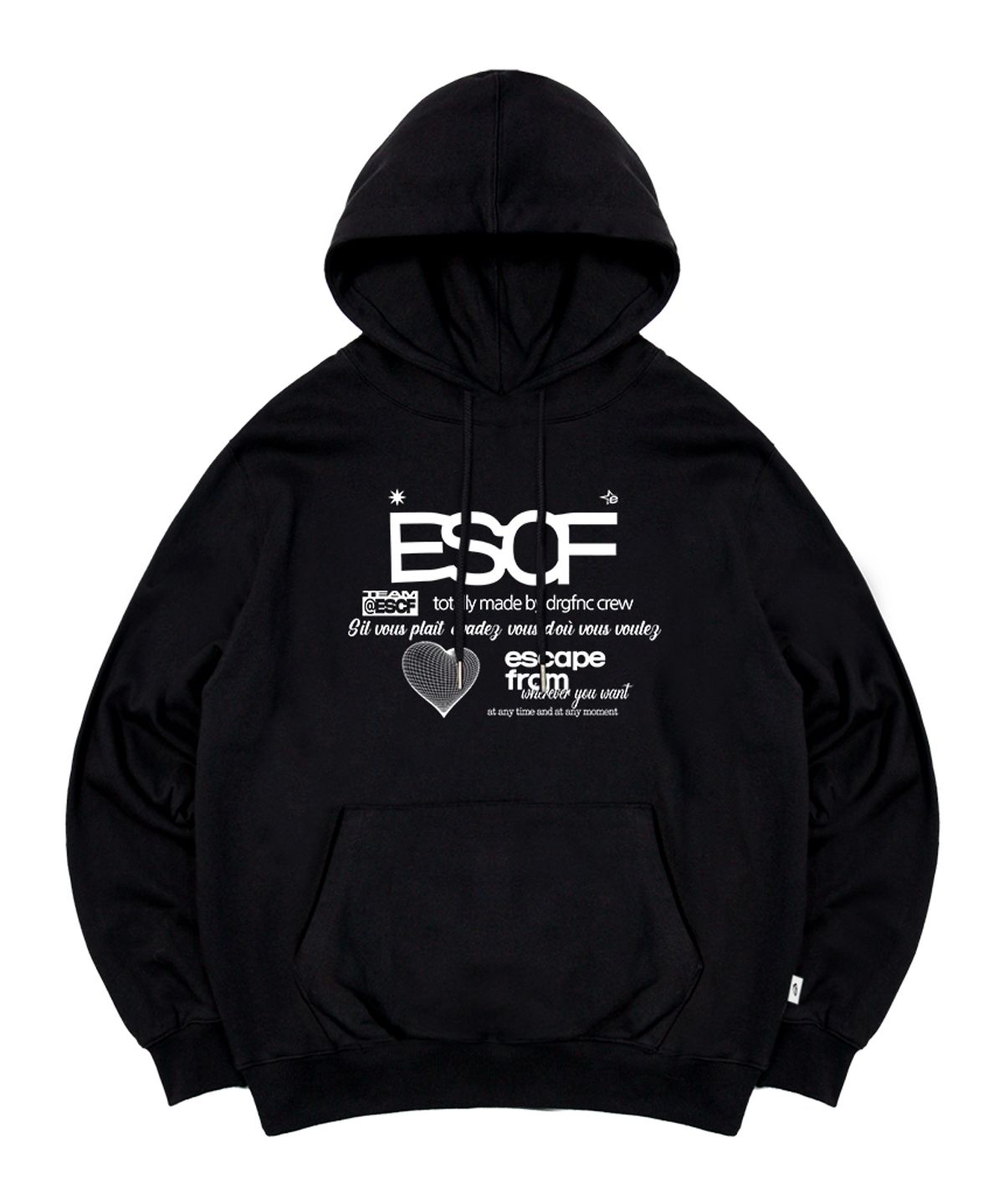 이스케이프프롬(ESCAPEFROM) 화이트 하트 크루 컬렉션 프린트 후드티 블랙