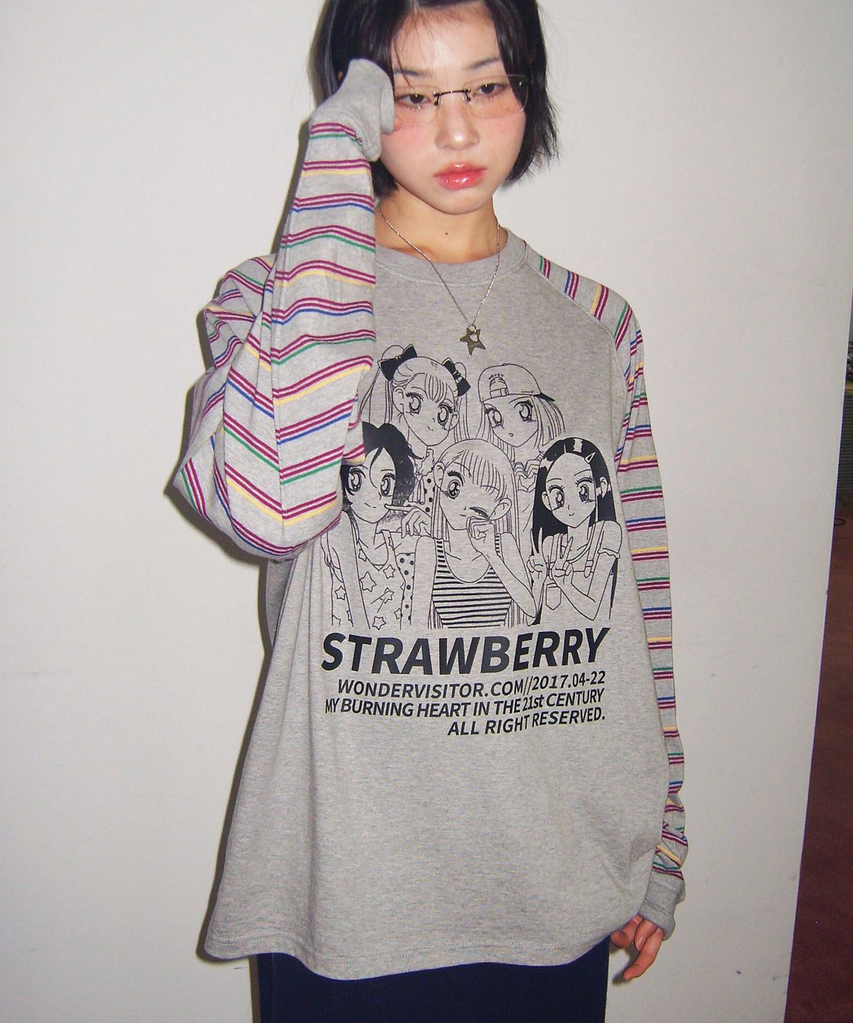 원더비지터(WONDERVISITOR) Girls-PEN Raglan LS-T [Melange grey]