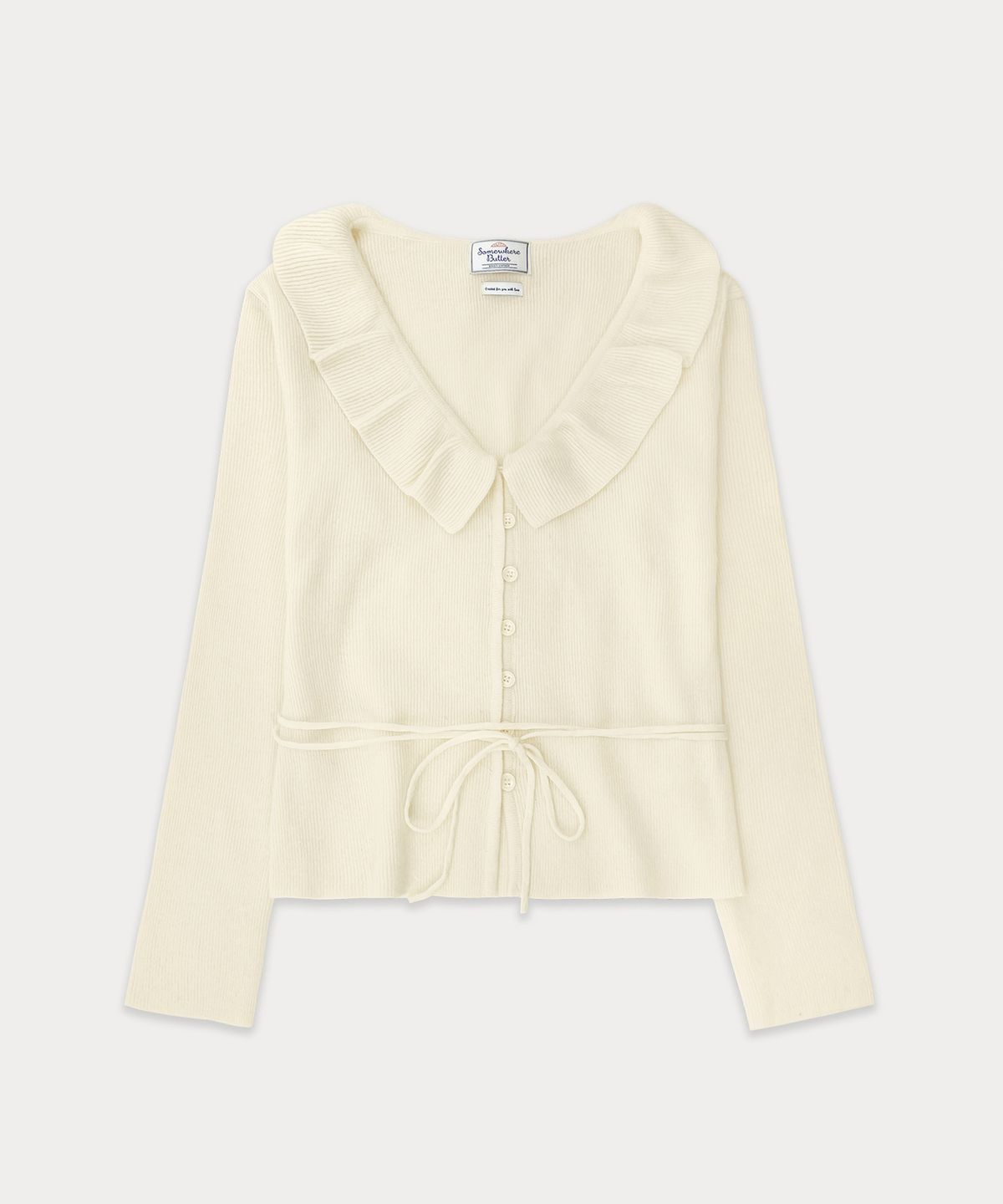 썸웨어버터(SOMEWHEREBUTTER) Ruffle Ribbon Cashmere Cardigan - Ivory