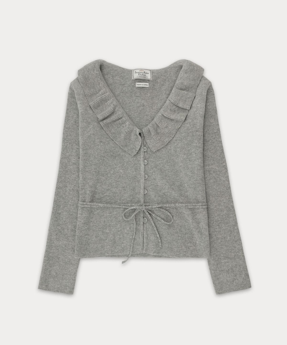 썸웨어버터(SOMEWHEREBUTTER) Ruffle ribbon cashmere cardigan - Grey