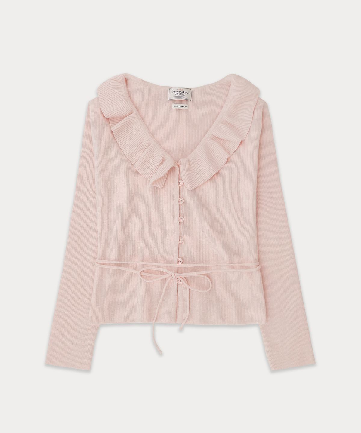 썸웨어버터(SOMEWHEREBUTTER) Ruffle ribbon cashmere cardigan - Pink