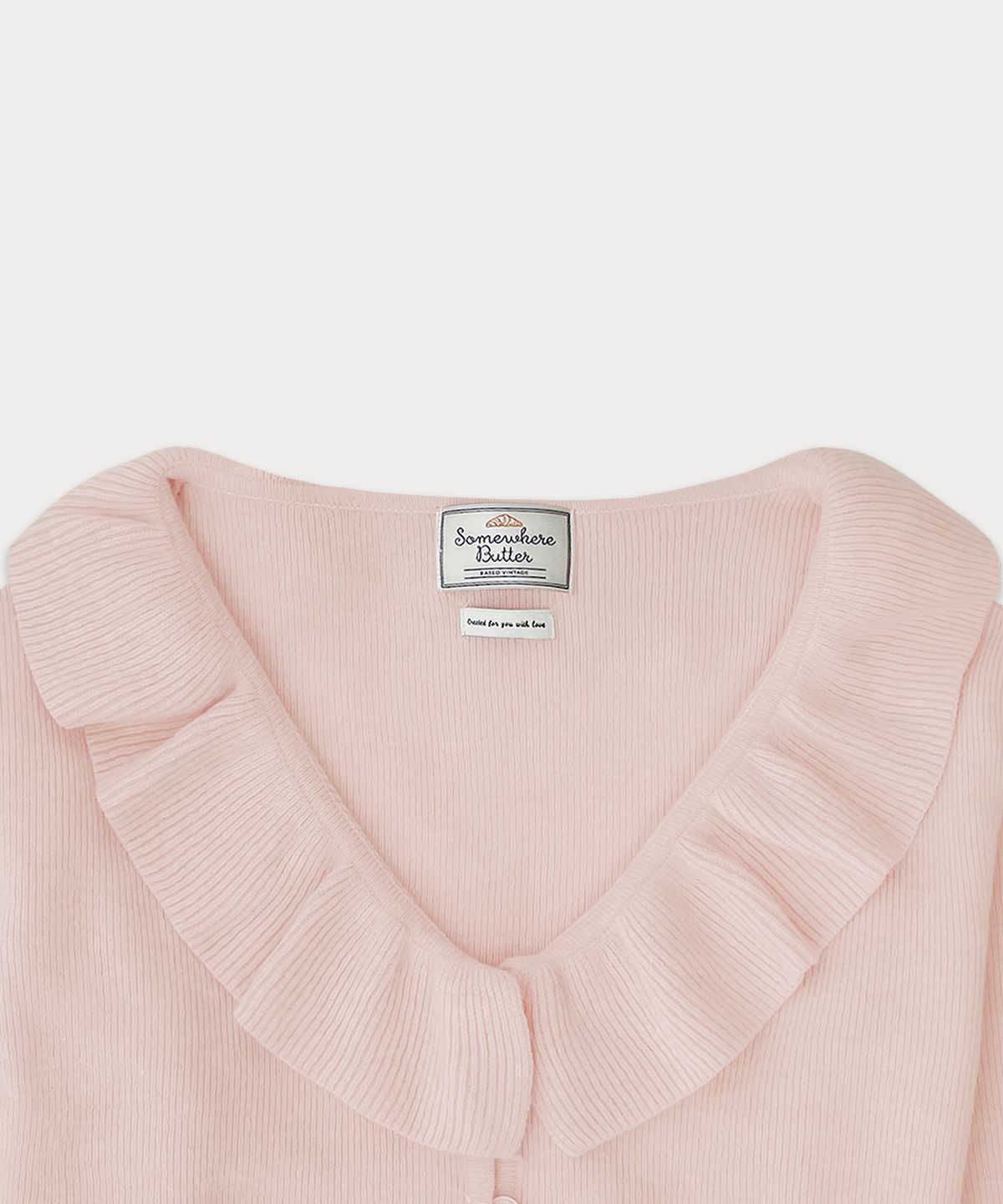 썸웨어버터(SOMEWHEREBUTTER) Ruffle ribbon cashmere cardigan - Pink