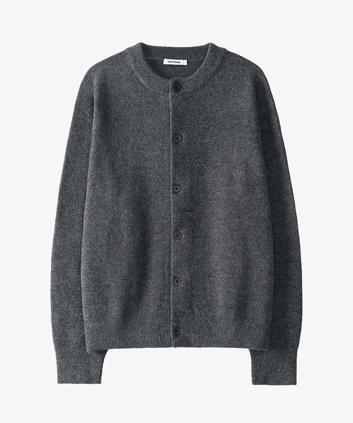 엑스컨테이너(EXCONTAINER) 미니멀 버튼 라운드넥 크롭 가디건 (CHARCOAL)