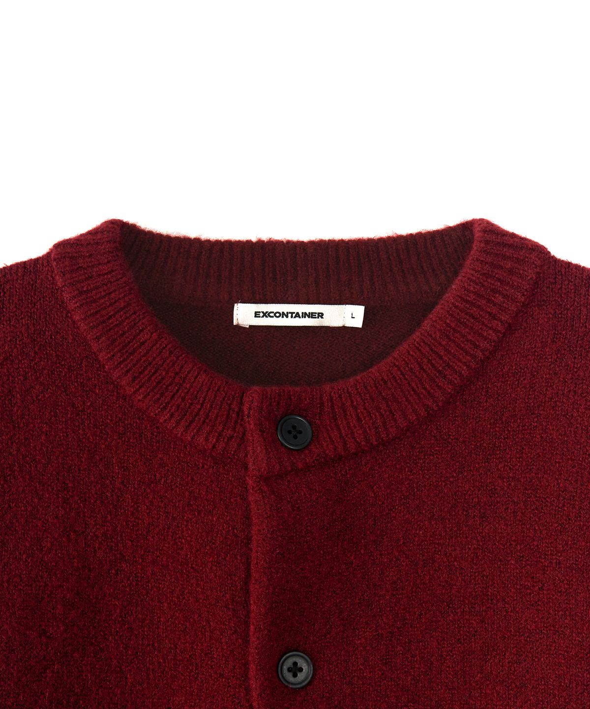 엑스컨테이너(EXCONTAINER) 미니멀 버튼 라운드넥 크롭 가디건 (DARK RED)