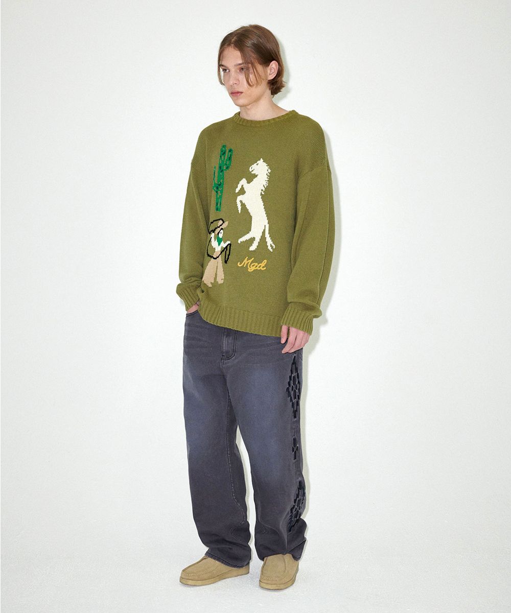 競売 MUSINSA | MAHAGRID MGD COWBOY KNIT SWEATER OLIVE(MG2EFMK604A) レディースウェア