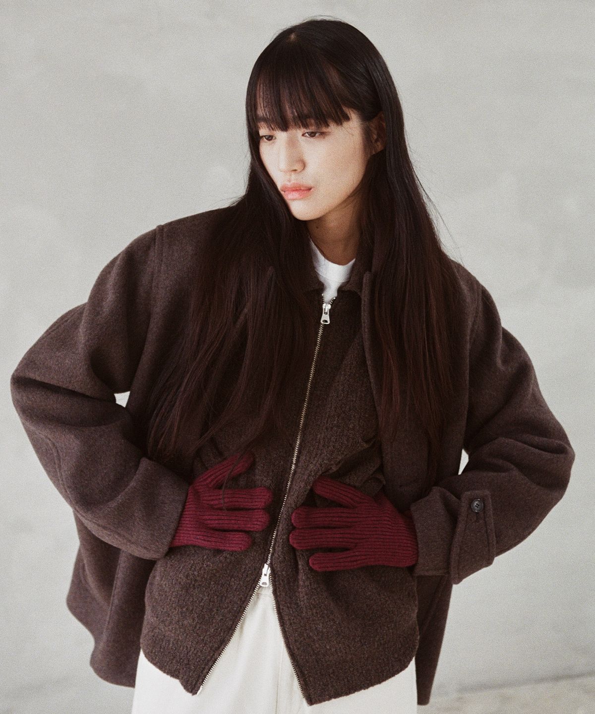 홀리선(HORLISUN) Bless Wool Rib Finger Gloves Melange Burgundy
