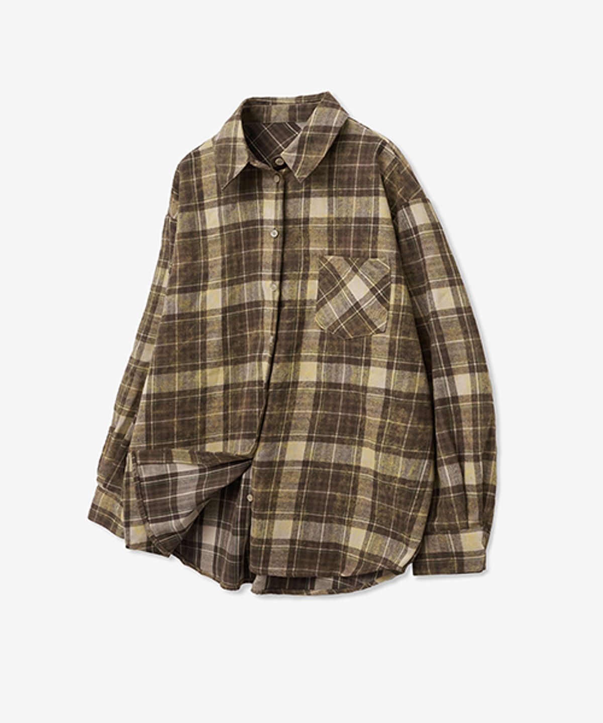 레이디 볼륨(LADY VOLUME) OVER-FIT TARTAN CHECK POCKET SHIRT_BROWN