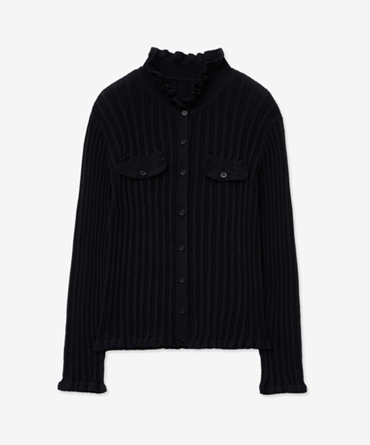 레이디 볼륨(LADY VOLUME) DRAWING FRILL KNIT CARDIGAN_BLACK
