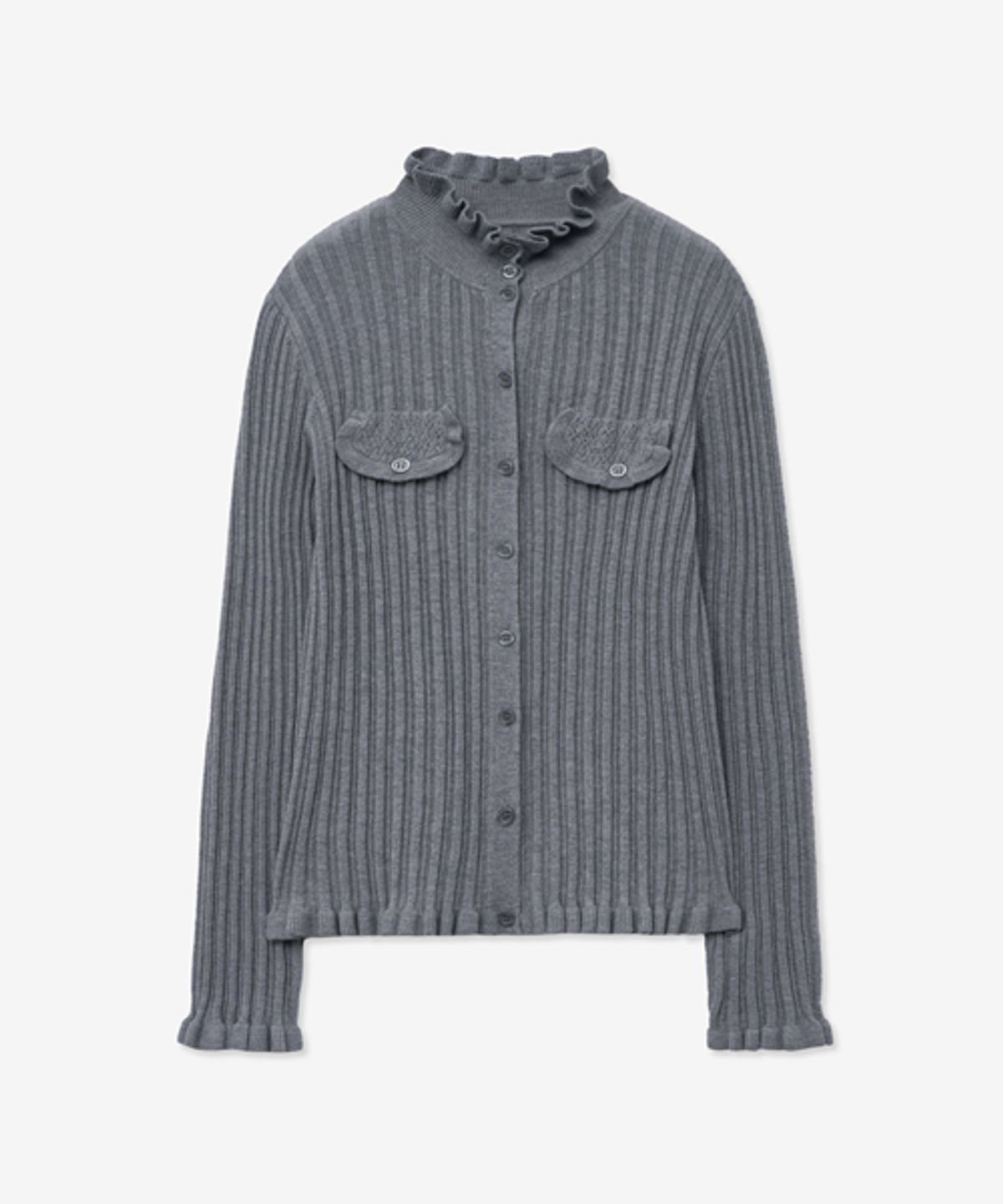 레이디 볼륨(LADY VOLUME) DRAWING FRILL KNIT CARDIGAN_MELANGE GRAY