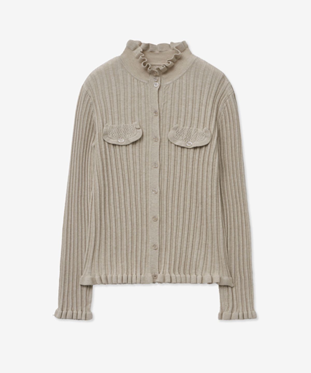 레이디 볼륨(LADY VOLUME) DRAWING FRILL KNIT CARDIGAN_OATMEAL