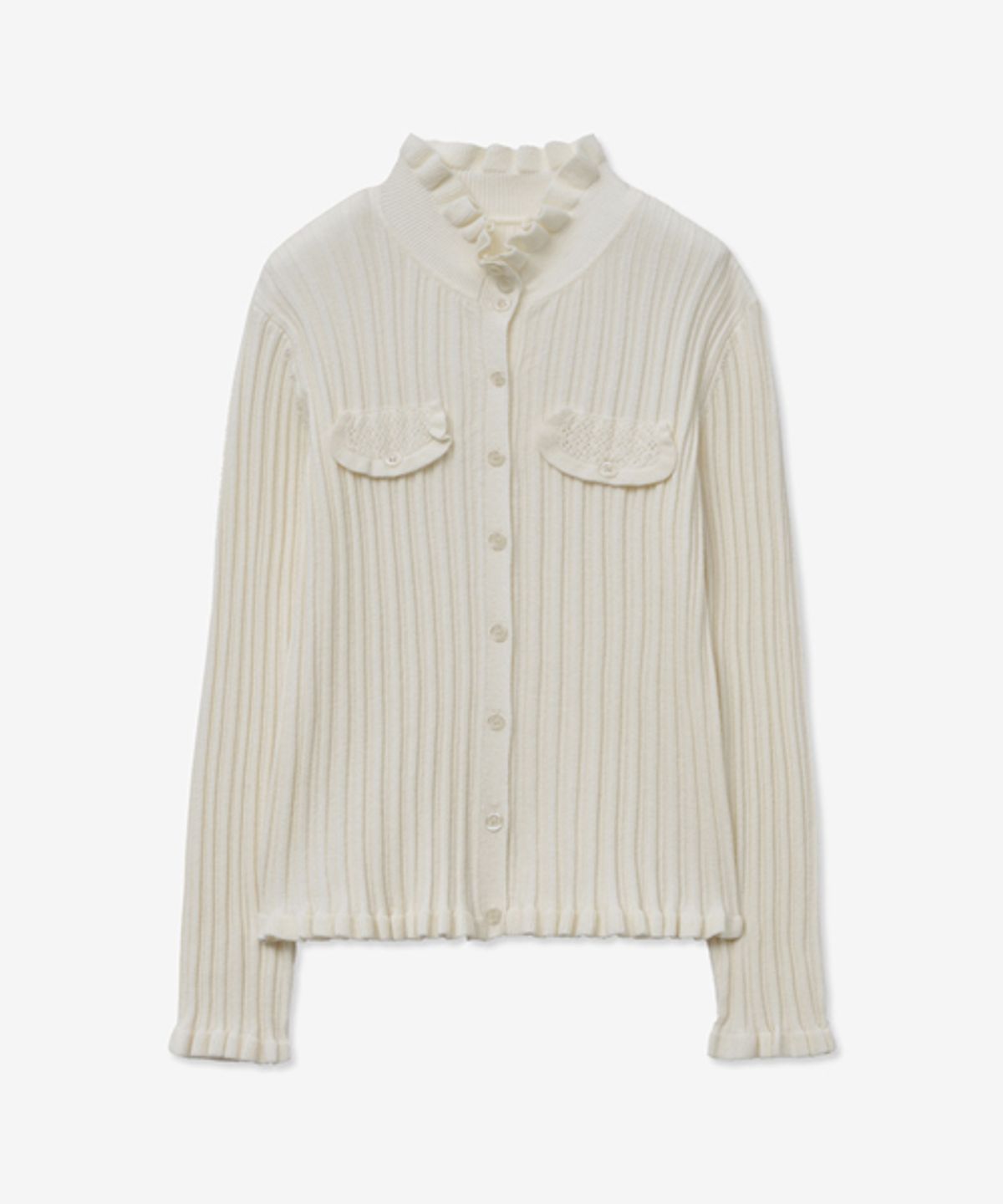 레이디 볼륨(LADY VOLUME) DRAWING FRILL KNIT CARDIGAN_CREAM