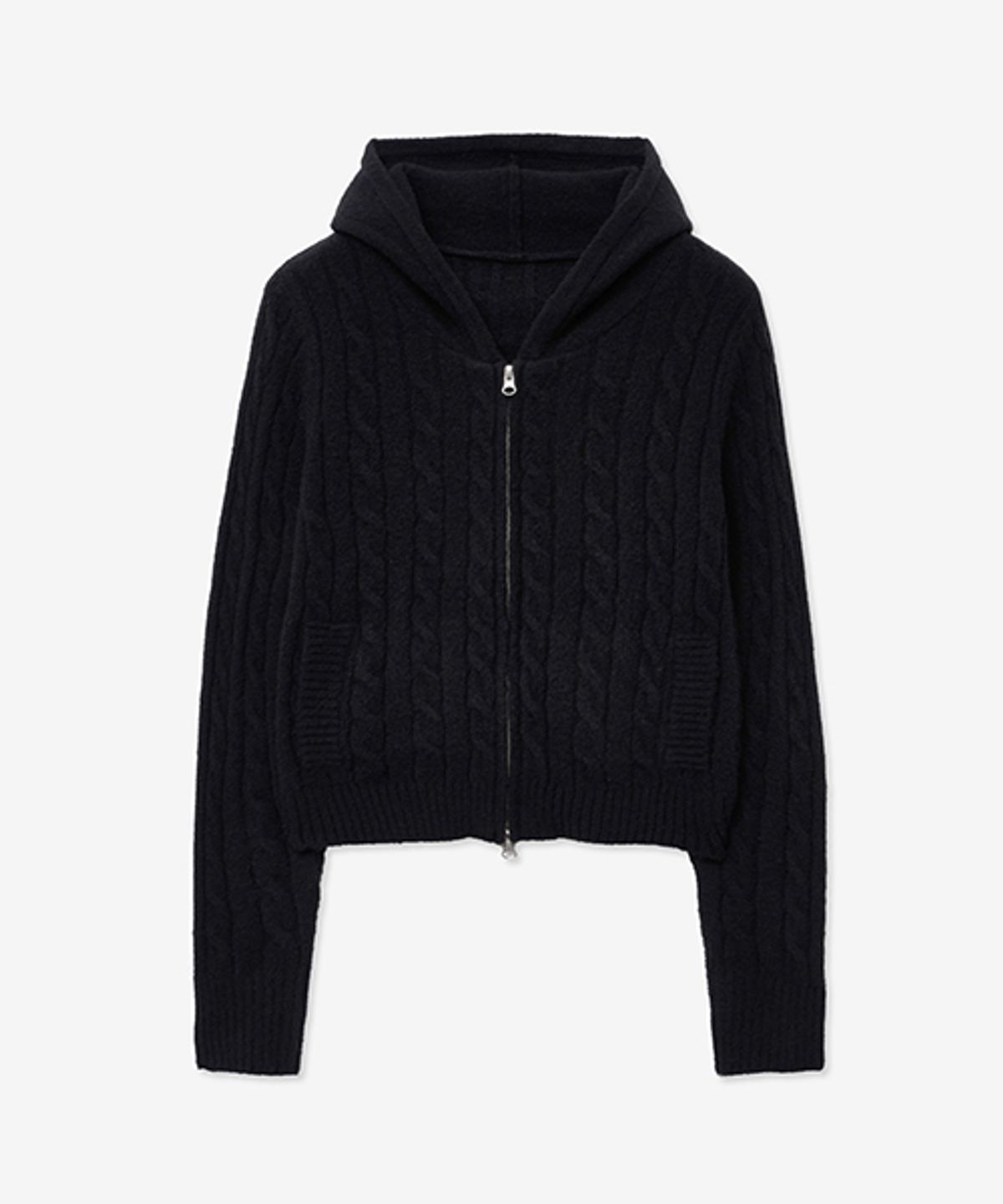 레이디 볼륨(LADY VOLUME) WOOL KNIT CABLE SLIM HOOD ZIP UP_BLACK