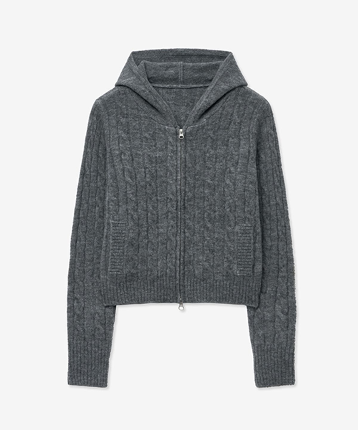 레이디 볼륨(LADY VOLUME) WOOL KNIT CABLE SLIM HOOD ZIP UP_GRAY