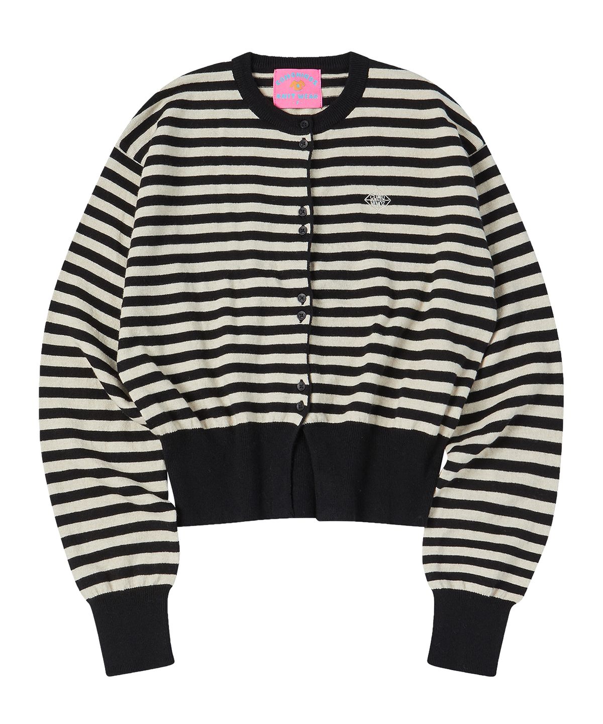 꼬모니노즈(COMONINOZ) W BUTTON STRIPE CARDIGAN [BLACK]