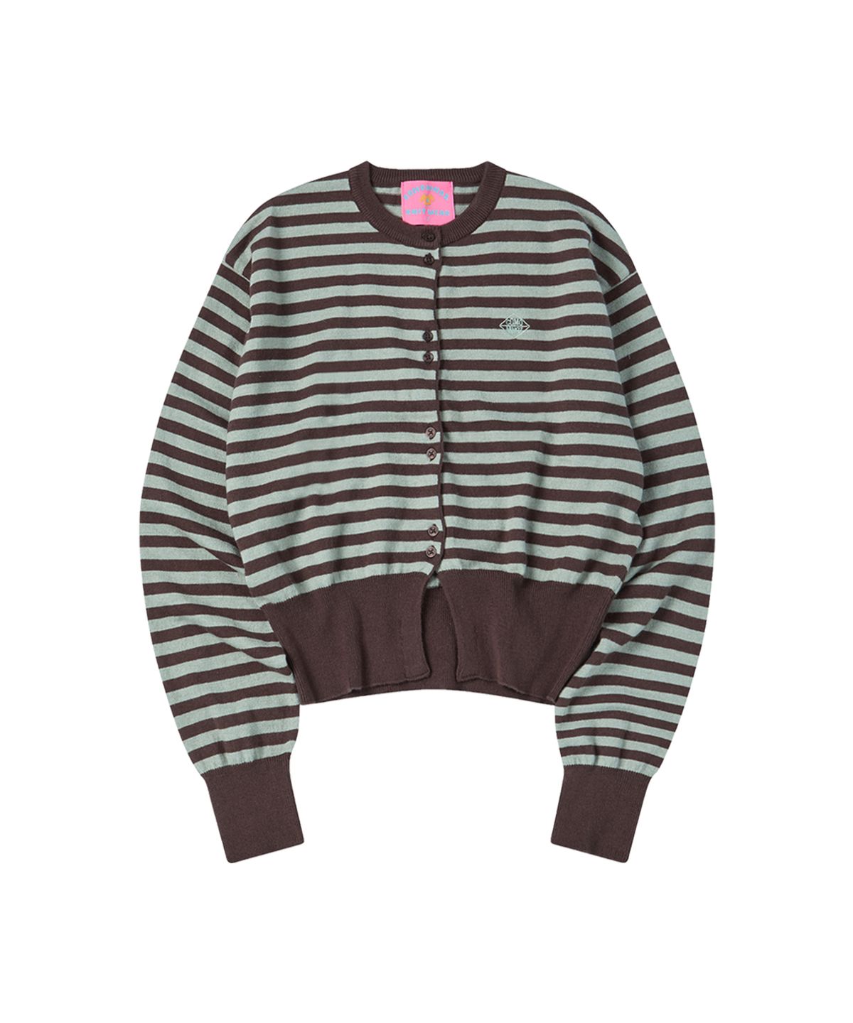 꼬모니노즈(COMONINOZ) W BUTTON STRIPE CARDIGAN [BROWN]