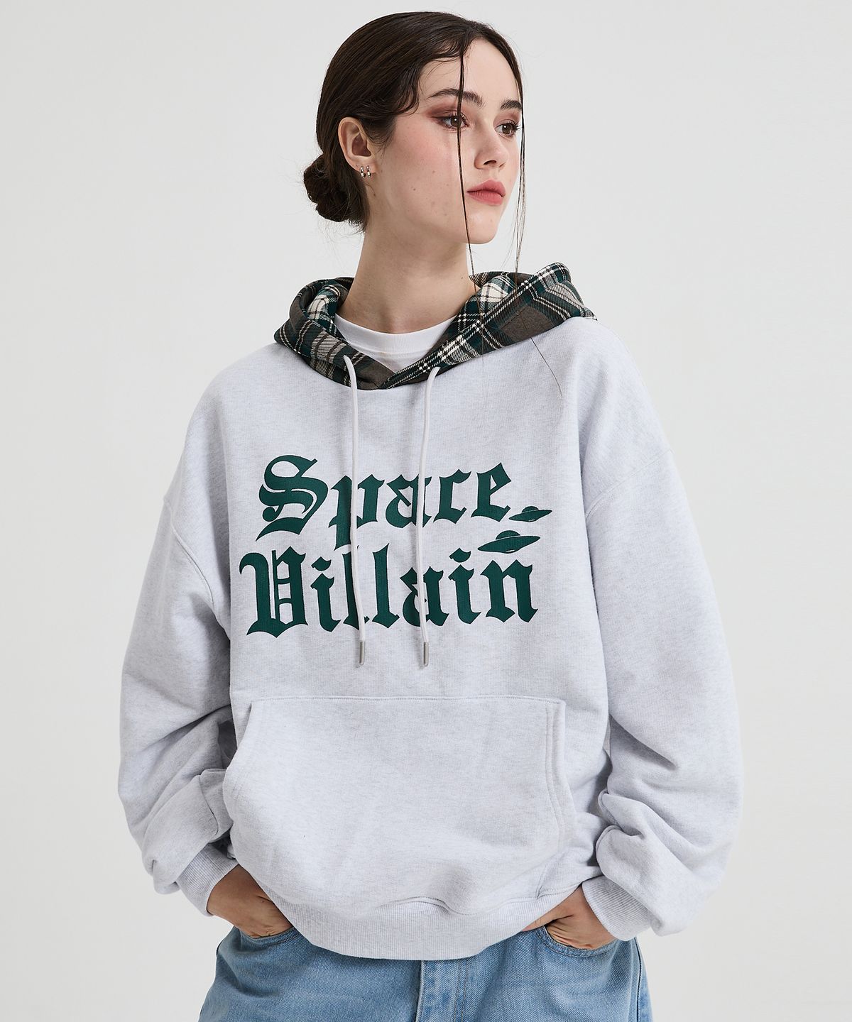 후드후드(HOODHOOD) 스페이스 빌런 체크 후드 멜란지화이트