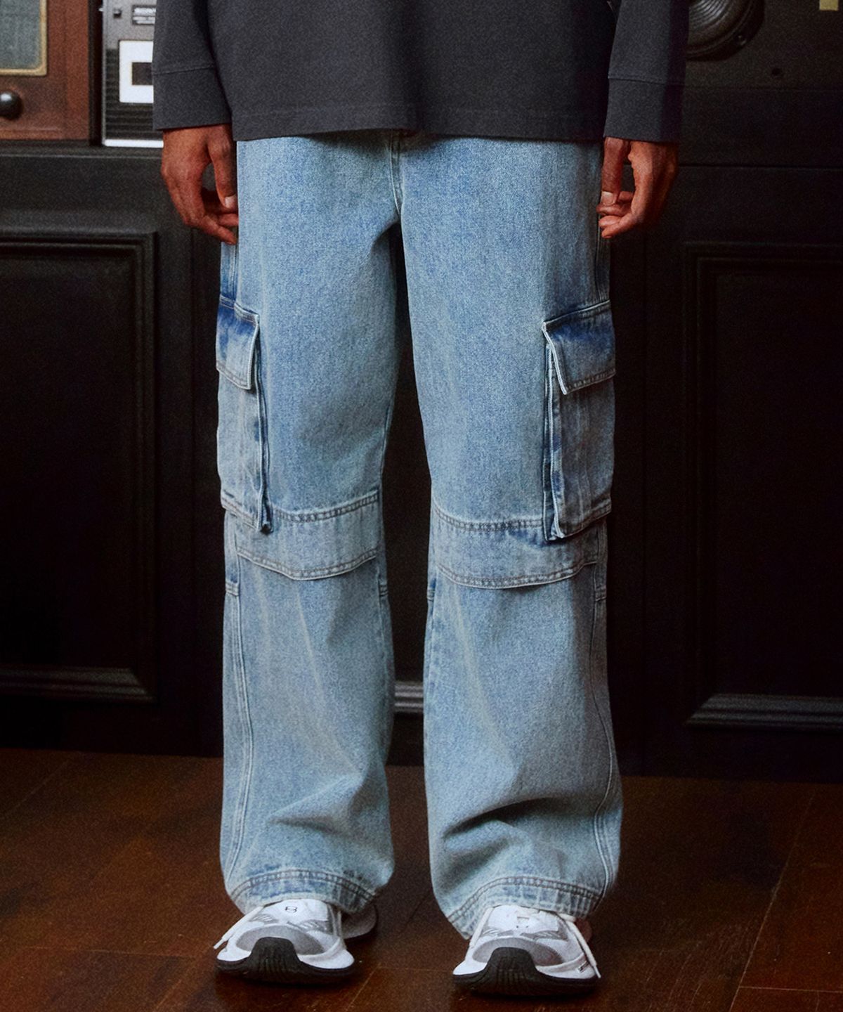 디써티원(DTHIRTYONE) Cargo Wide Denim Pants (WASHED BLUE)