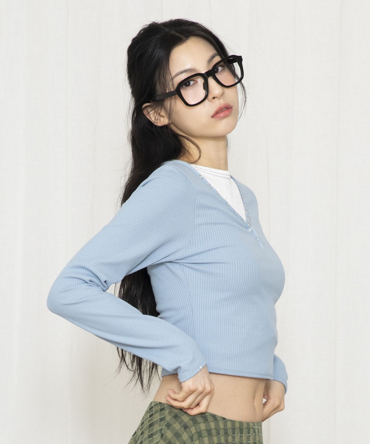 루나키후(RuNaKi'Hu') WXT022 레이어드 스쿱넥 골지 롱슬리브 (BLUE)
