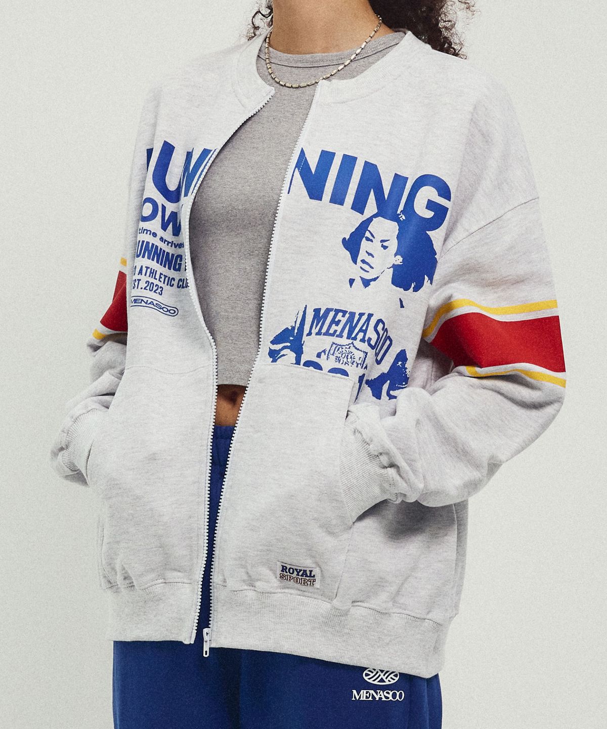 미나수(MENASOO) Round Neck Running Zipup Cardigan_White Melange