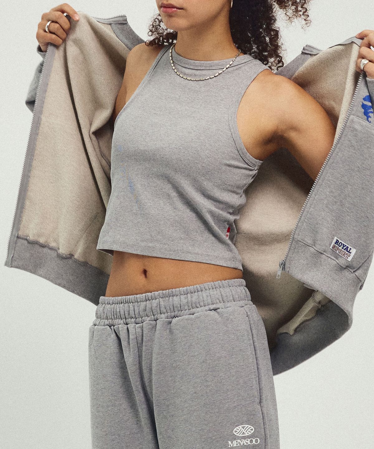 미나수(MENASOO) Round Neck Running Zipup Cardigan_Melange