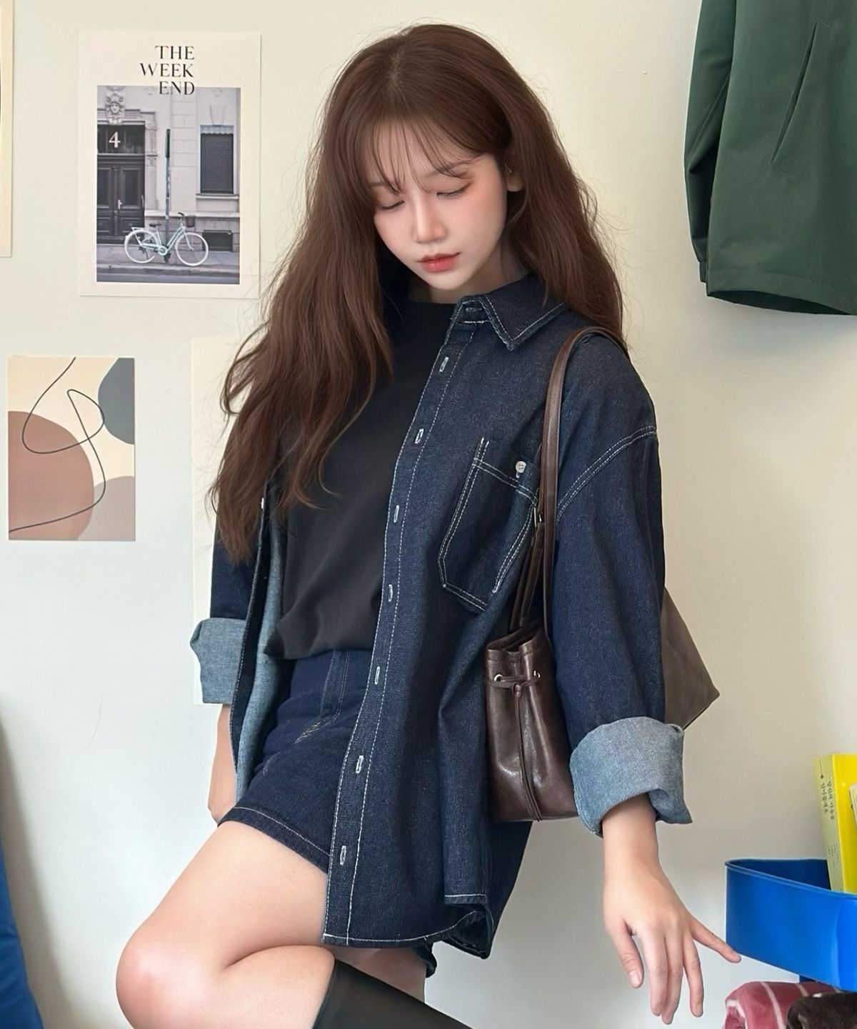 블론드나인(BLOND9) 오버핏 워싱 데님 셔츠_다크인디고