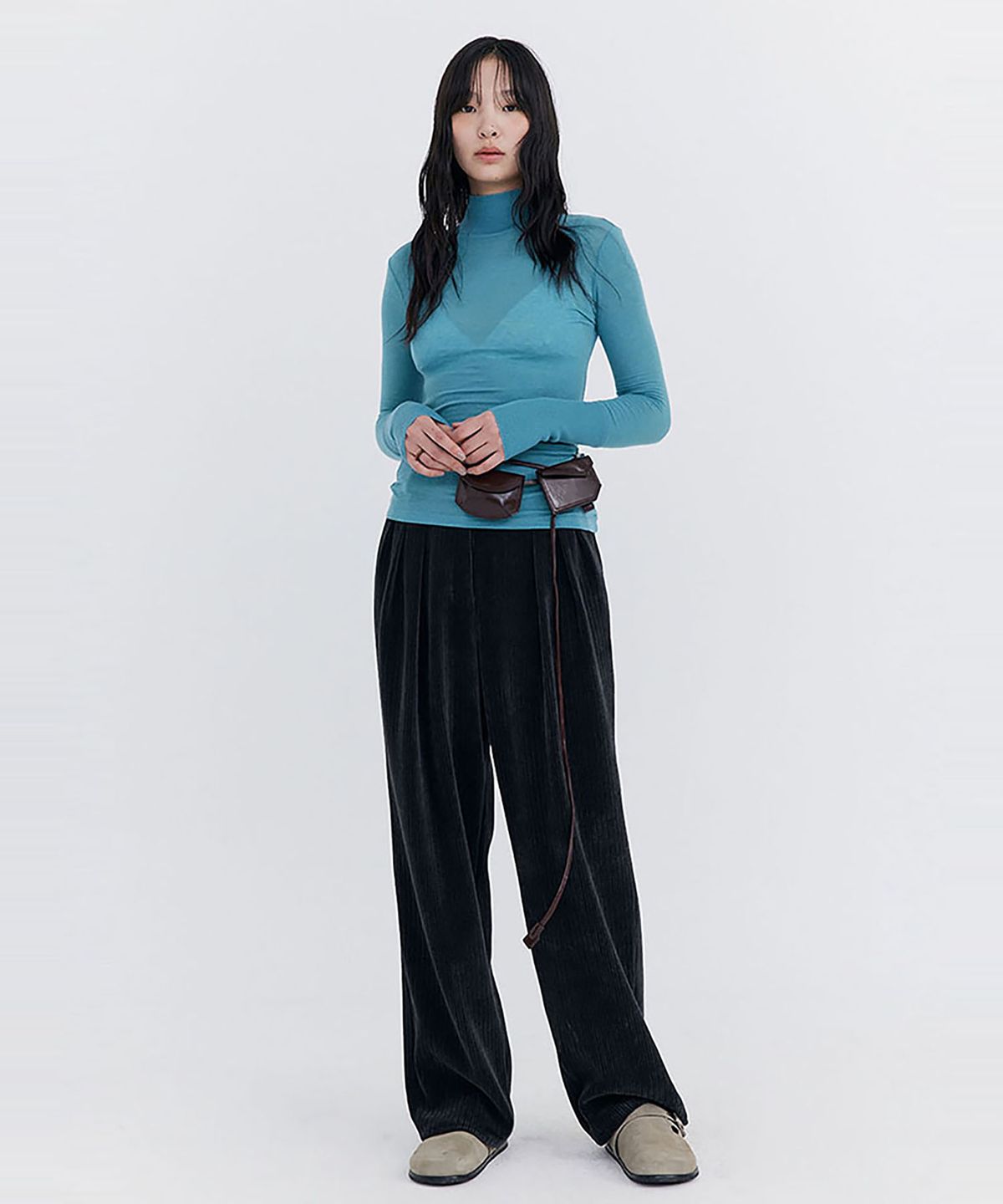 분더캄머(WNDERKAMMER) Knit Rib Half Turtleneck T-shirt_Blue(니트 립 하프 터틀넥 티셔츠_블루)