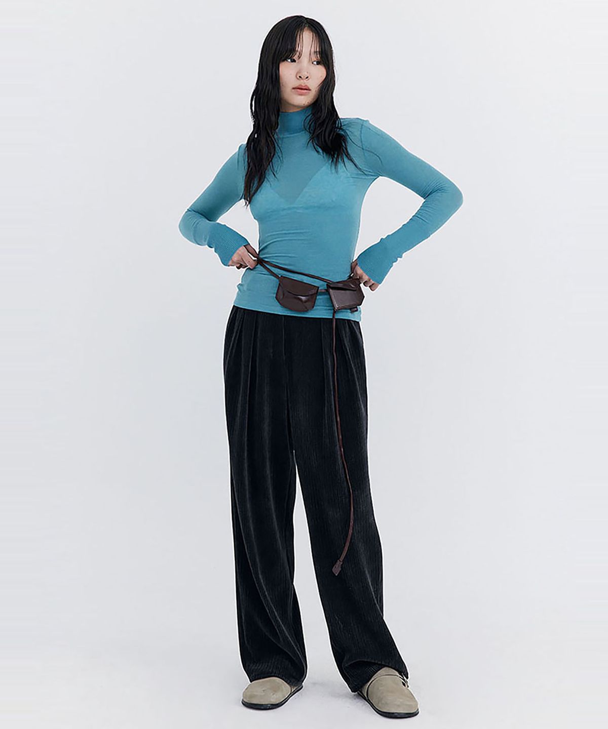 분더캄머(WNDERKAMMER) Knit Rib Half Turtleneck T-shirt_Blue(니트 립 하프 터틀넥 티셔츠_블루)