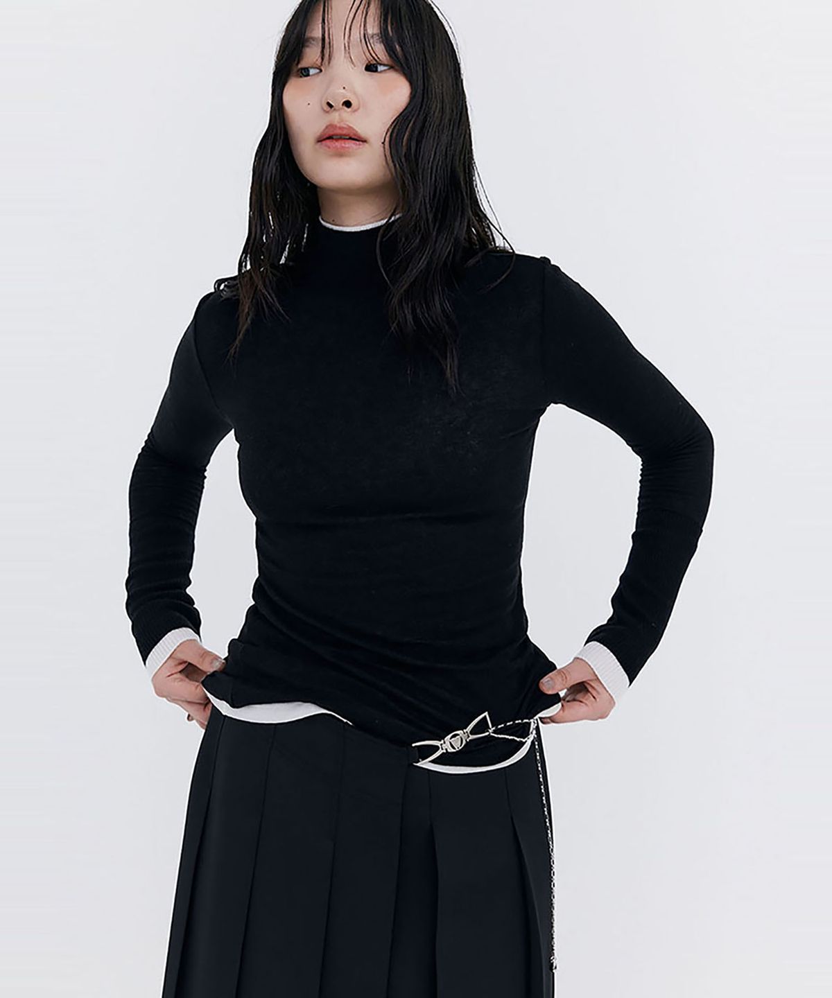 분더캄머(WNDERKAMMER) Knit Rib Half Turtleneck T-shirt_Black(니트 립 하프 터틀넥 티셔츠_블랙)