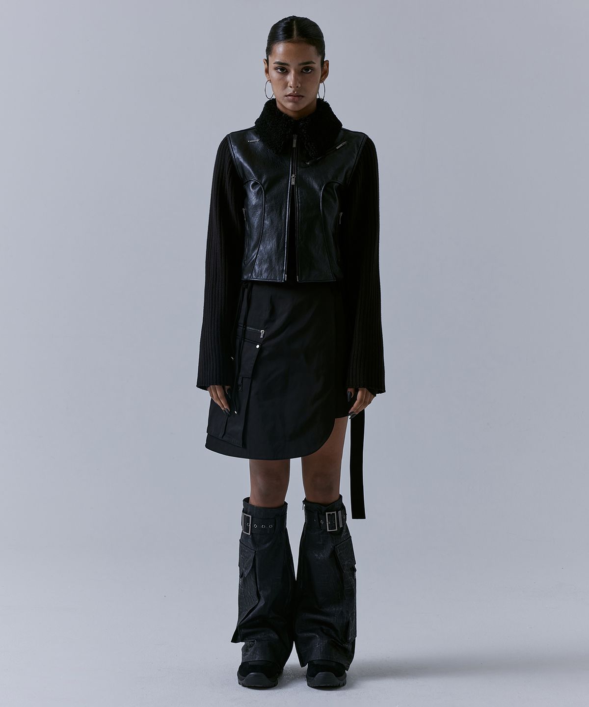 트리밍버드(TREEMINGBIRD) 2-way Collar Knit Sleeve Vintage Leather Jacket [ Black ]