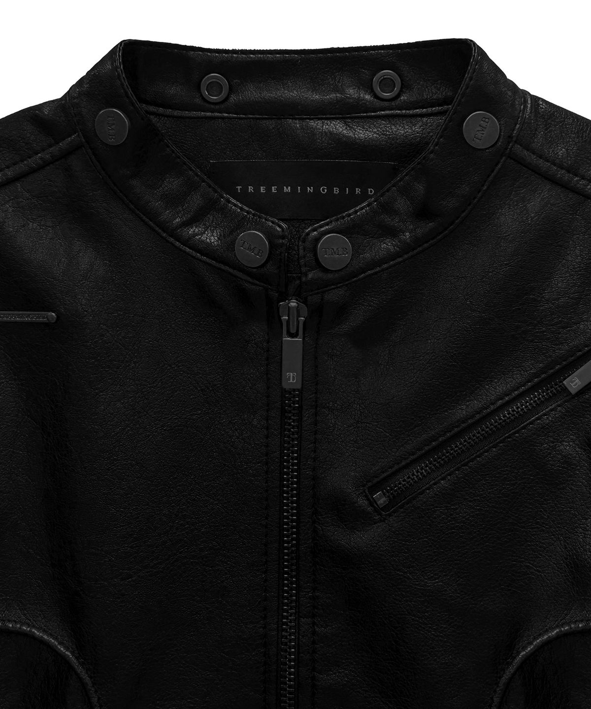 트리밍버드(TREEMINGBIRD) 2-way Collar Knit Sleeve Vintage Leather Jacket [ Black ]