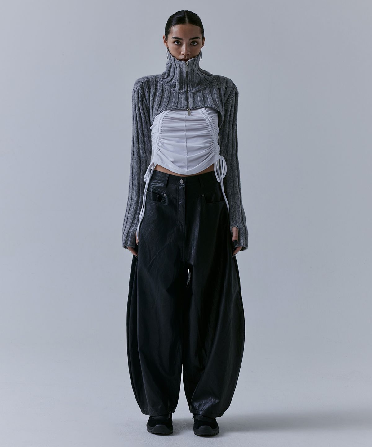 트리밍버드(TREEMINGBIRD) High-neck Bolero Knit Zip-up [ Grey ]