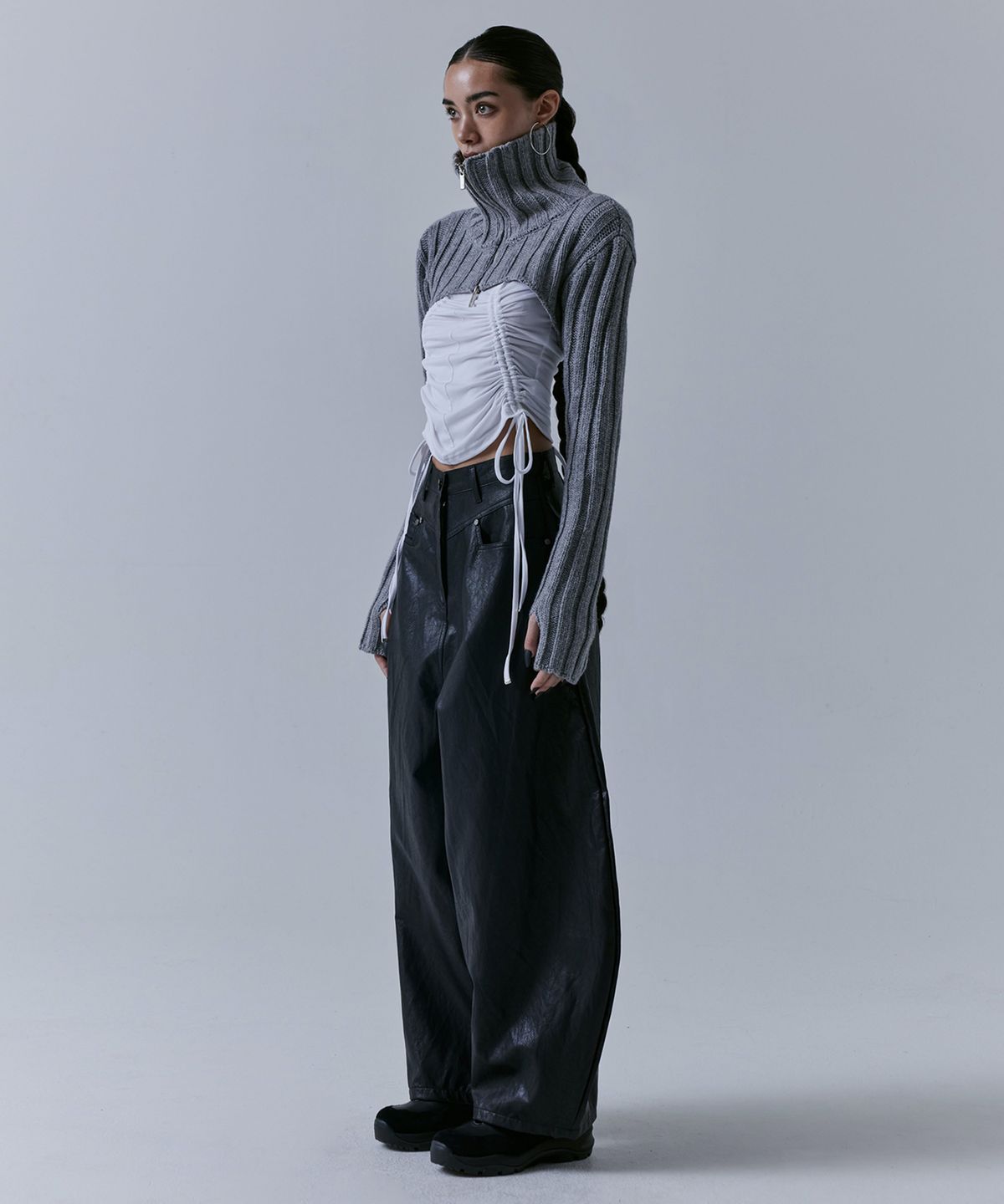 트리밍버드(TREEMINGBIRD) High-neck Bolero Knit Zip-up [ Grey ]