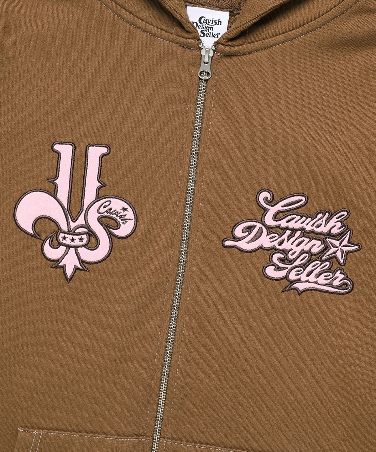 카비시(CAVISH) DAMAGED APPLIQUE ZIP UP HOODIE BROWN(CV2EFUM481A)