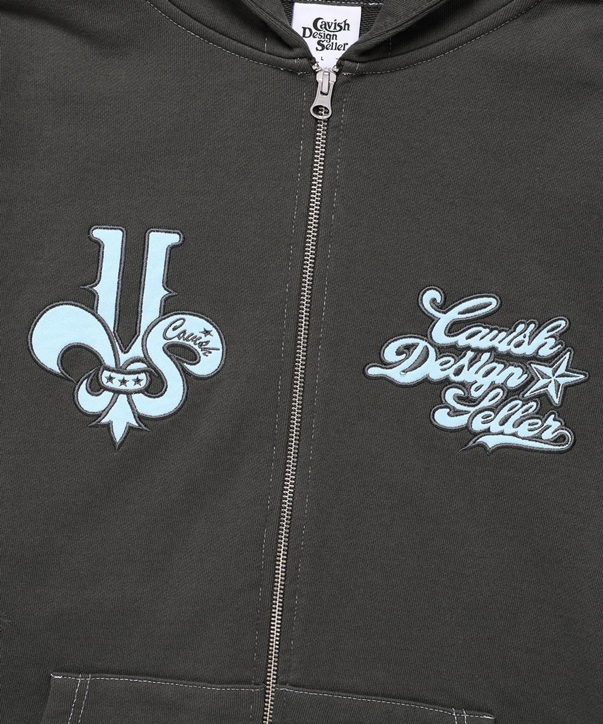 카비시(CAVISH) DAMAGED APPLIQUE ZIP UP HOODIE CHARCOAL(CV2EFUM481A)
